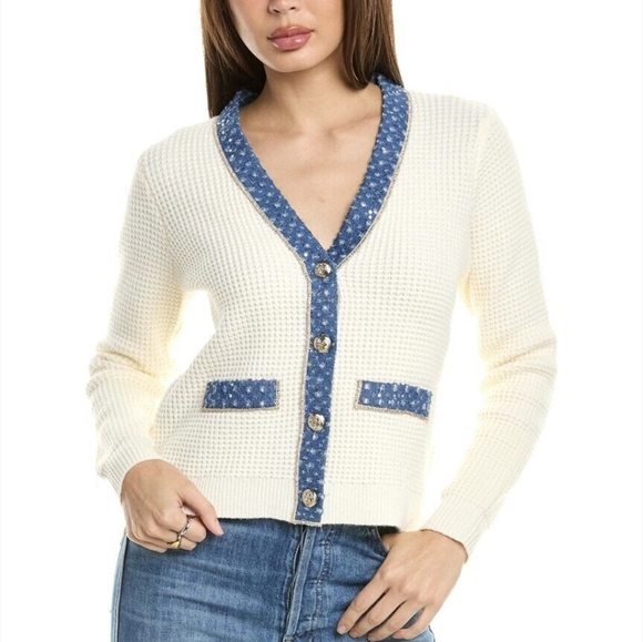 Nanette Lepore Tweed Trim Waffle Knit V-neck Long sleeve Button front Ca… - Picture 1 of 5